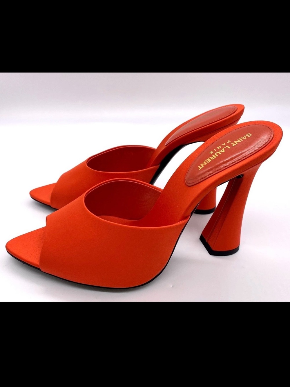 Saint Laurent Bright Orange Satin Peep-Toe Mule - Picture 2 of 8
